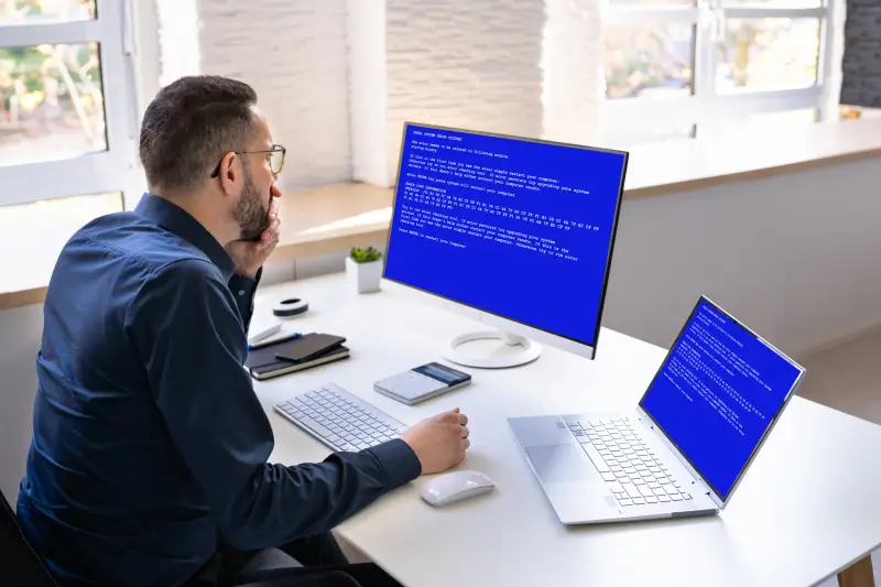 Man using laptop that has logical errors